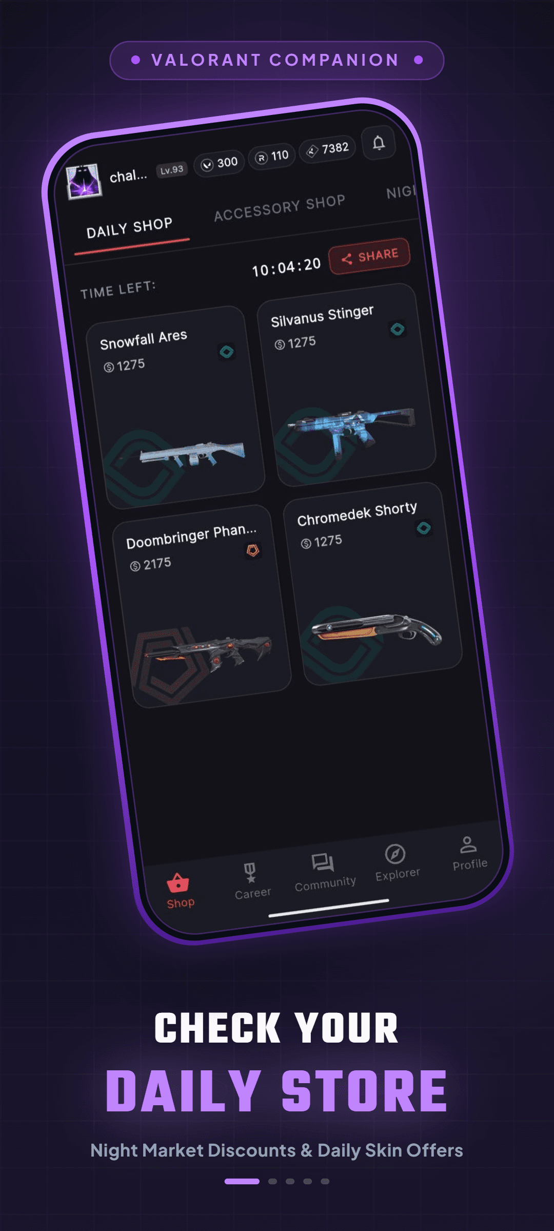 Daily Store screen showing rotating Valorant skin offers